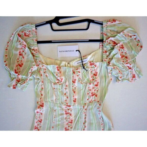 WeWoreWhat Women Sz 2 Green Victorian Floral Stripe Puff Sleeve Midi Dress - Picture 7 of 10